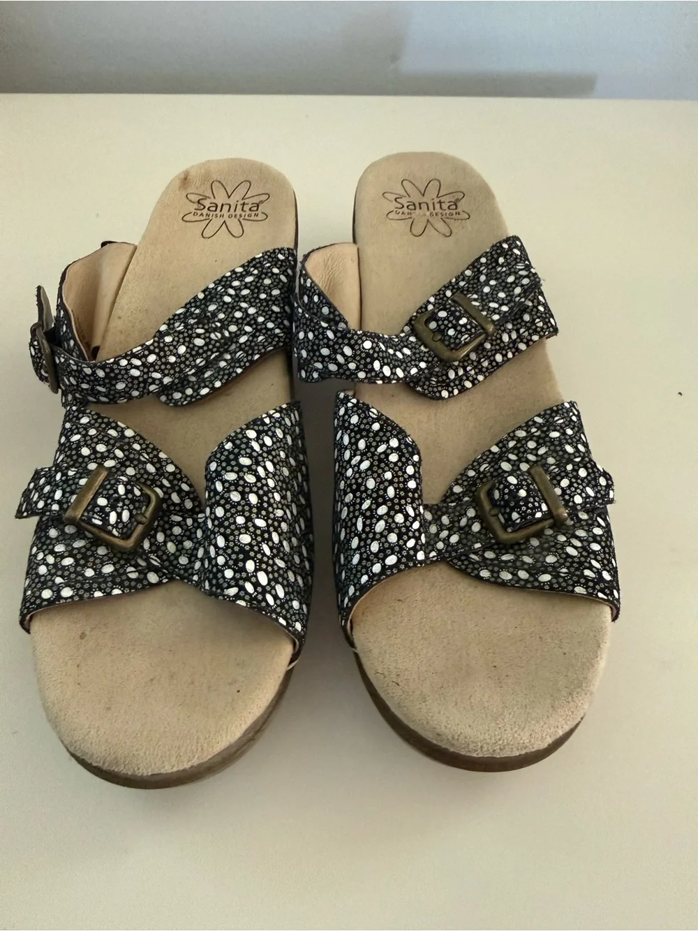 Sanita Black White Speckled Dual-Band Slide Sandals
